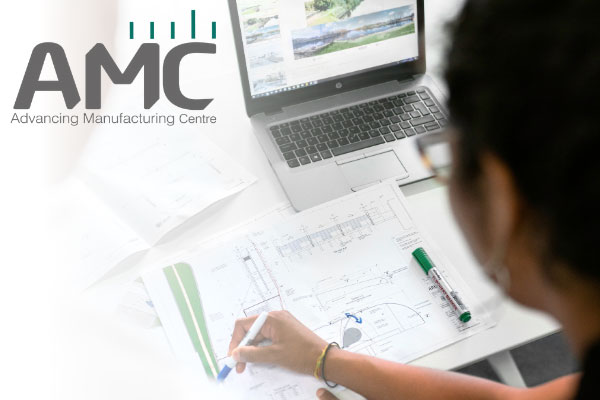 Advancing Manufacturing Centre logo overlaid on a photo of a person consulting project plans on a laptop Advancing Manufacturing Centre logo overlaid on a photo of a person consulting project plans on a laptop
