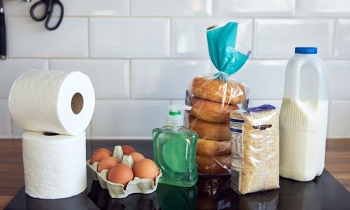 Groceries on a kitchen counter